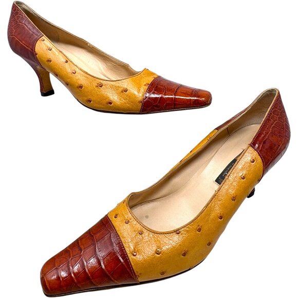 Giorgio's of Palm Beach Ostrich with Embossed Leather Kitten Heel Pumps - Picture 10 of 12